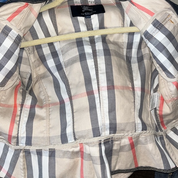 Burberry London Denim Nova Check Plaid Trim w Back Ruffle Button Up Jean Jacket - Picture 5 of 10